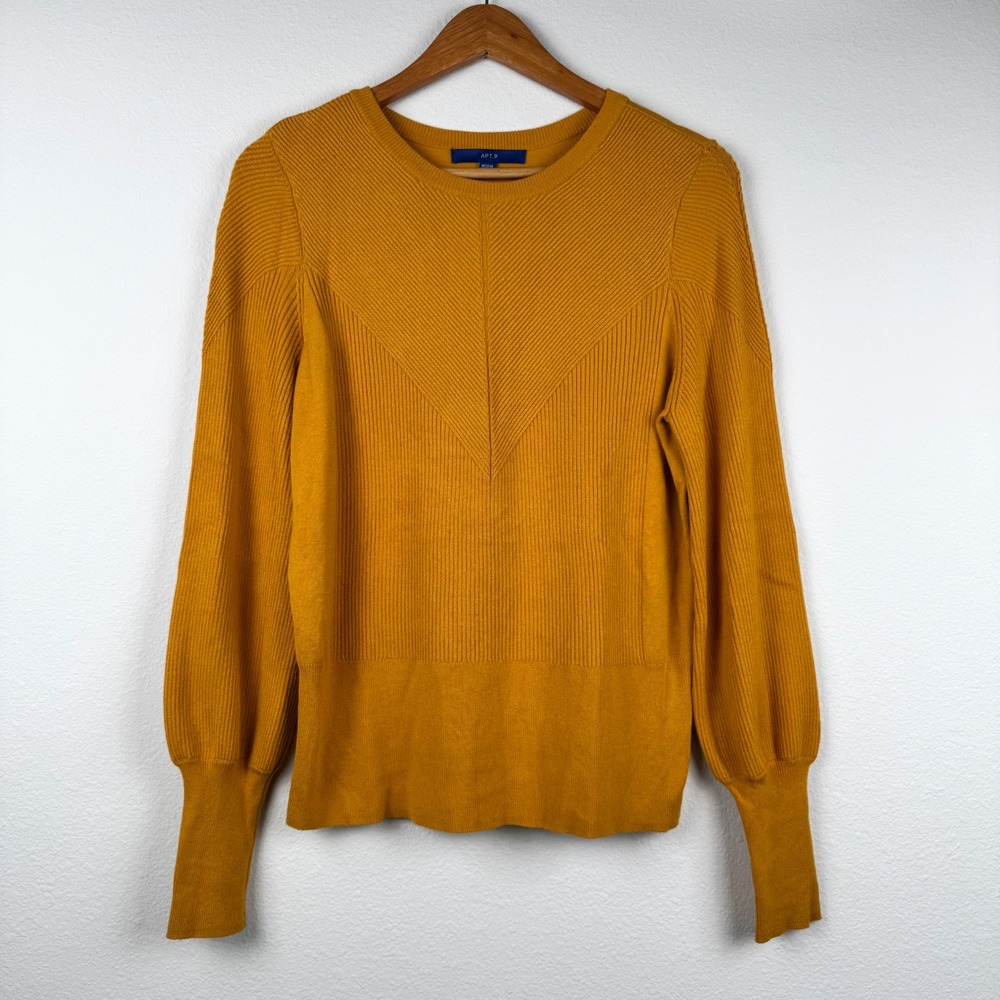 Apt. 9 Sweater Womens Medium Mustard Yellow Excellent Chevron Ribbed Puff Sleeve